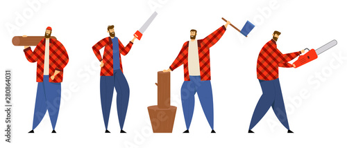Set of Lumberjack Male Characters in Plaid Shirts Posing with Working Equipment and Tools, Woodcutters Holding Chainsaw, Axe, Saw and Wooden Log. Lumber Workers. Cartoon Flat Vector Illustration