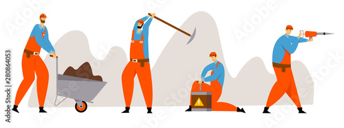 Set of Miner Characters, Coal or Minerals Mining, Workers in Uniform with Jackhammer, Wheelbarrow, Pickaxe and Dynamite at Work. Extraction Industry Profession Working Cartoon Flat Vector Illustration