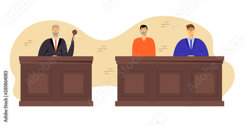 Tribunal and Justice Concept, Grey Haired Judge Wearing Black Gown Hold Gavel. Accused Man in Prison Robe Sitting with Attorney Lawyer in Court, Judgement System. Cartoon Flat Vector Illustration