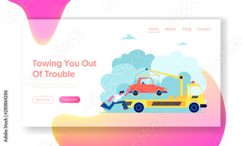 Evacuation Service Website Landing Page, Tow Truck Take Away Car, Flatbed Car with Crane and Signaling Evacuating Transport for Wrong Street Parking Web Page. Cartoon Flat Vector Illustration, Banner