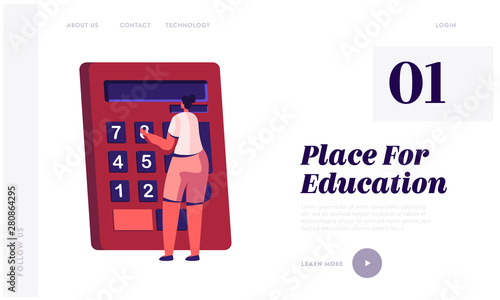 Education Concept Website Landing Page, Woman Counting on Calculator, Girl College or University Student with Stationery, Back to School, Knowledge Web Page. Cartoon Flat Vector Illustration, Banner