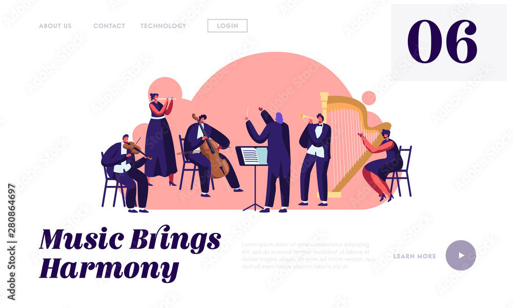 Symphony Orchestra Playing Classical Music Concert Website Landing Page, Conductor and Musicians with Instruments Performing on Stage, Performance Web Page. Cartoon Flat Vector Illustration, Banner Symphony Orchestra Playing Classical Music Concert Website Landing Page, Conductor and Musicians with Instruments Performing on Stage, Performance Web Page. Cartoon Flat Vector Illustration, Banner