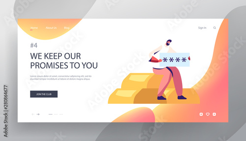 Man with Password Sitting on Golden Ingots, Concept of Security, Personal Access, User Authorization, Login, Money Protection Website Landing Page, Web Page. Cartoon Flat Vector Illustration, Banner