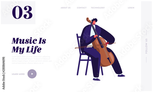 Cellist Playing on Cello Website Landing Page, Male Musician Character with Classic Instrument Preparing for Concert, Artist Practicing Music, Art Web Page