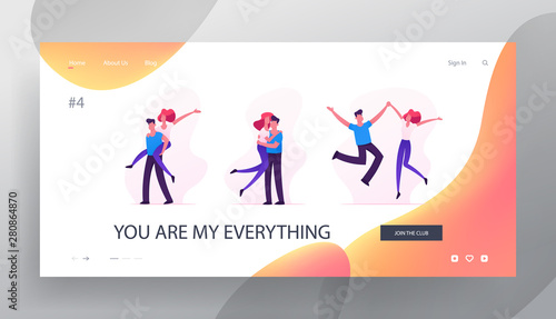 Happy Loving Couples Sparetime Website Landing Page, Cheerful Man and Woman Hugging, Rejoice, Jumping with Hands Up, Human Relations, Togetherness Web Page. Cartoon Flat Vector Illustration, Banner