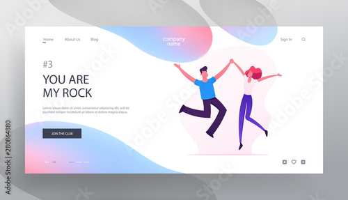 Cheerful Man and Woman Characters Spend Time Together Website Landing Page, Happy Loving Couple Jumping with Hands Up, Sparetime, Human Relations Web Page. Cartoon Flat Vector Illustration, Banner