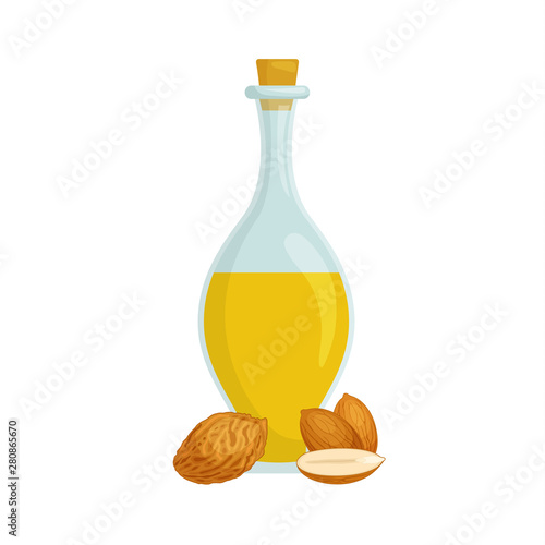 A bottle of almond oil with kernels and almond shells. Vector composition in cartoon style.