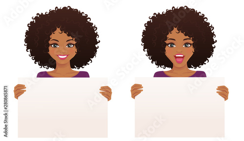 Beautiful smiling excited woman with afro hairstyle holding empty blank board isolated vector illustration