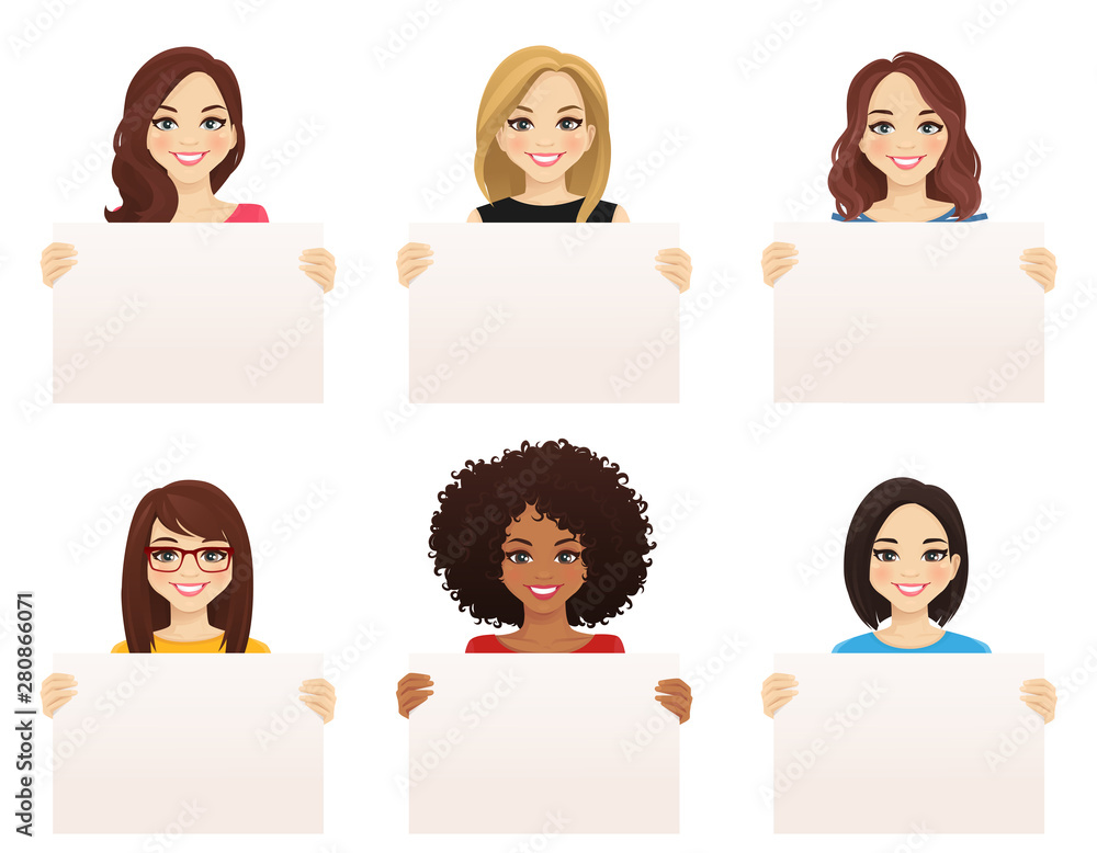Beautiful smiling women set holding empty blank board isolated vector illustration Beautiful smiling women set holding empty blank board isolated vector illustration