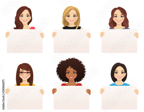 Beautiful smiling women set holding empty blank board isolated vector illustration