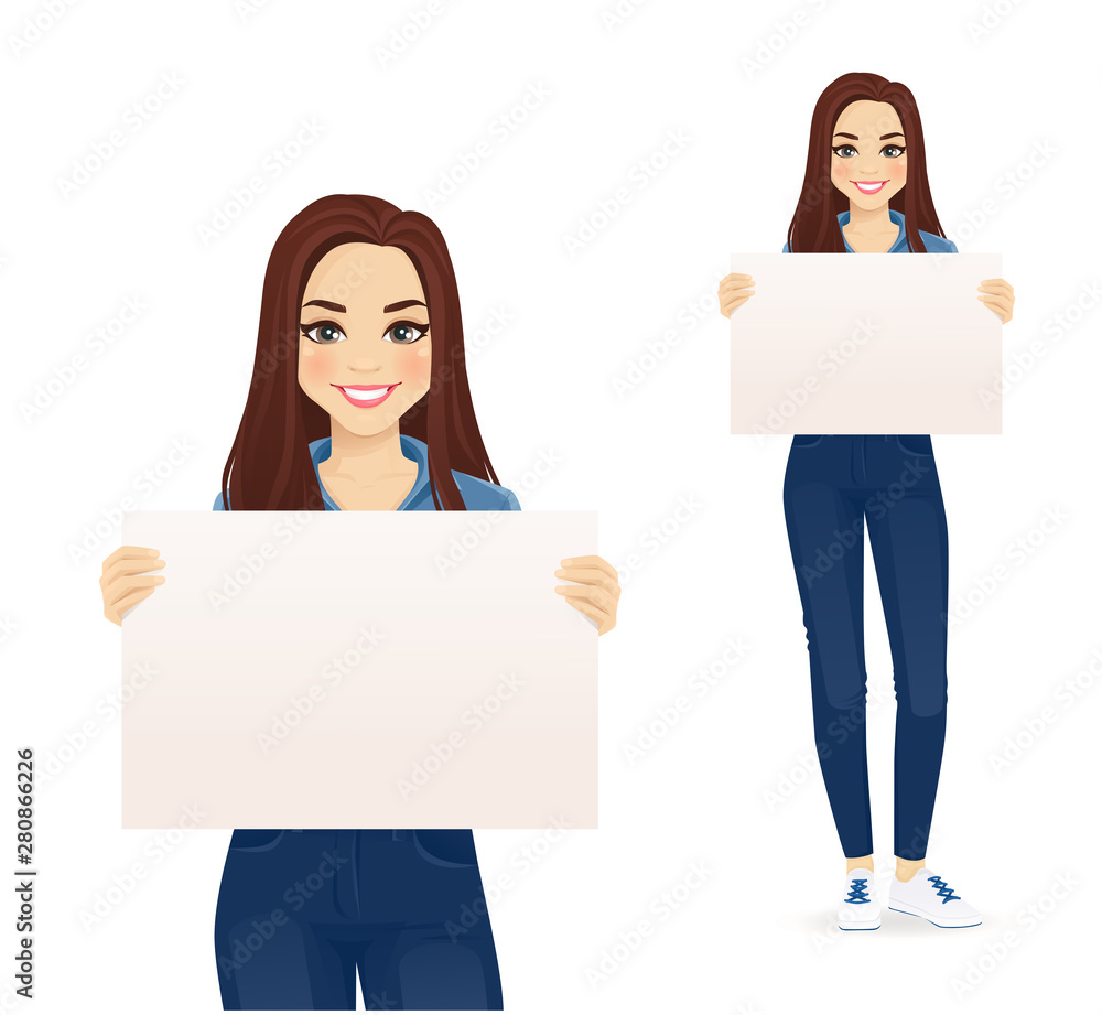 Beautiful smiling young woman in jeans holding empty blank board isolated vector illustration Beautiful smiling young woman in jeans holding empty blank board isolated vector illustration