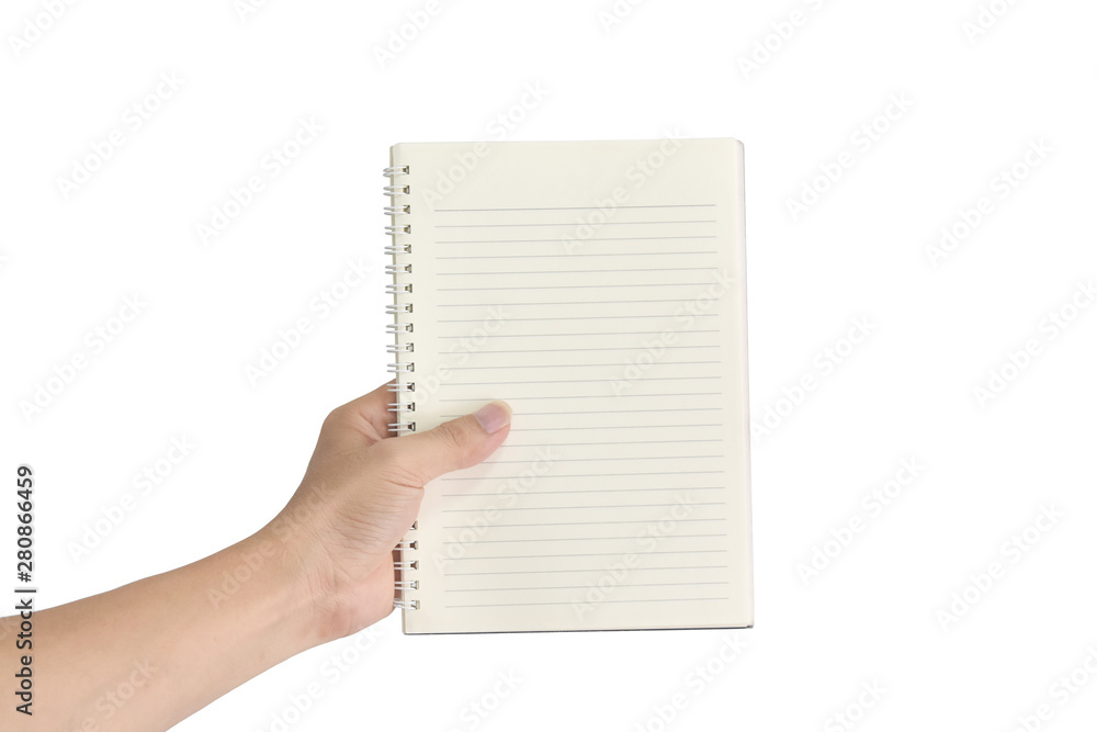 Design concept - Hand holding blank notepad isolated on white background. with clipping path Design concept - Hand holding blank notepad isolated on white background. with clipping path