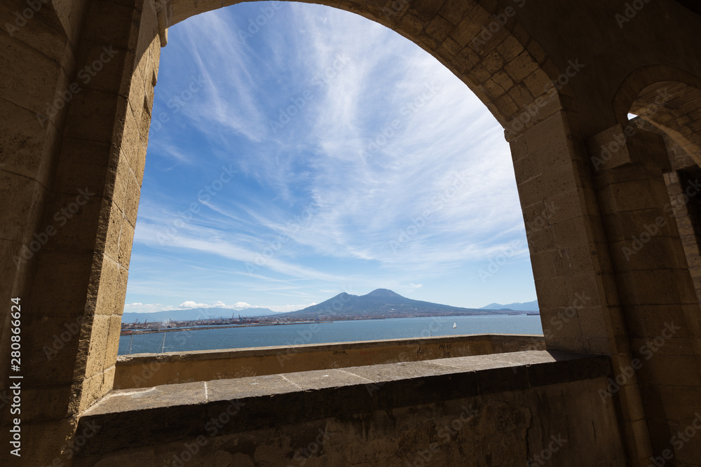 Naples, Campania, Italy. View of the bay, sea and Mount Vesuvius Volcano as a background