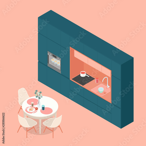Isometric kitchen in emerald green and rose pink. Vector illustration in flat design, isolated.