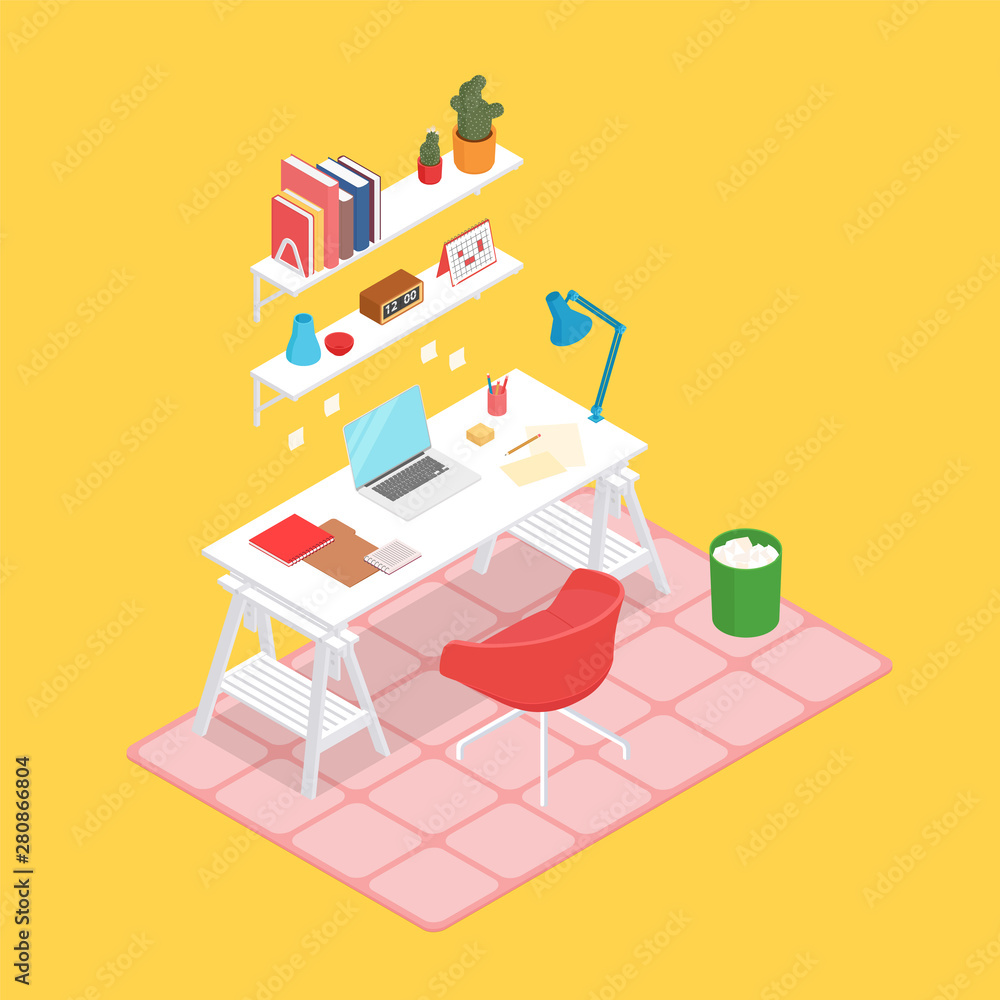 Colorful warm isometric work space in yellow. Vector illustration in flat design, isolated.