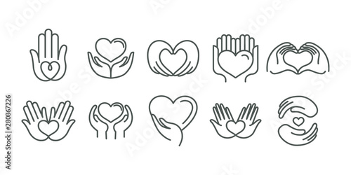 Vector set of logo design templates in simple linear style - hearts and hands