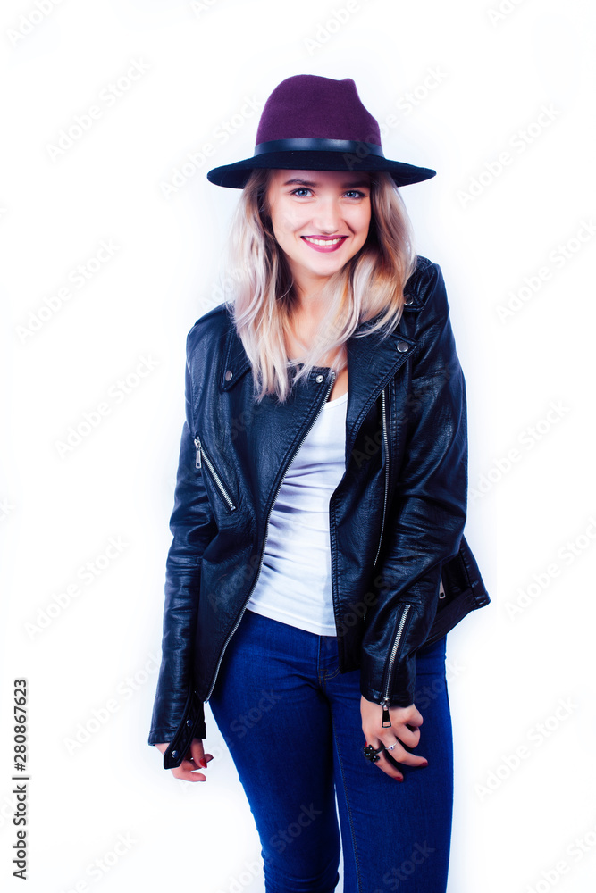 young pretty blond girl hipster in hat posing smiling happy isolated on white background, lifestyle people concept young pretty blond girl hipster in hat posing smiling happy isolated on white background, lifestyle people concept