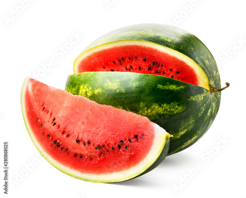 Ripe watermelon and cut piece close up on a white. Isolated.