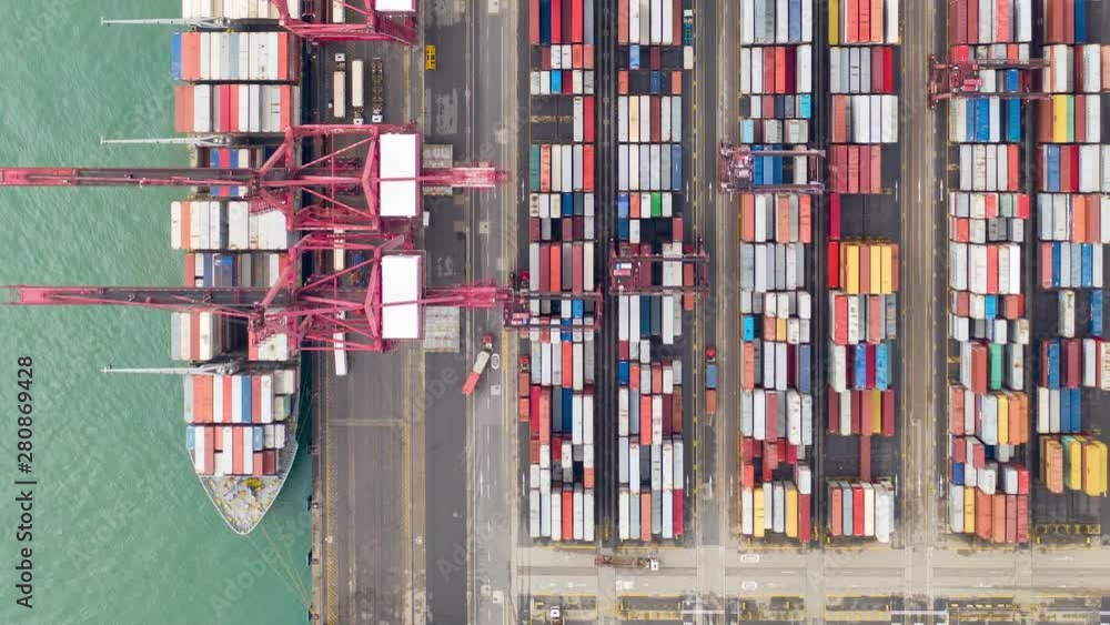 aerial view hyperlapse 4k video of container cargo ship in export and import business and logistics international goods in Hong Kong. top view. aerial view hyperlapse 4k video of container cargo ship in export and import business and logistics international goods in Hong Kong. top view.