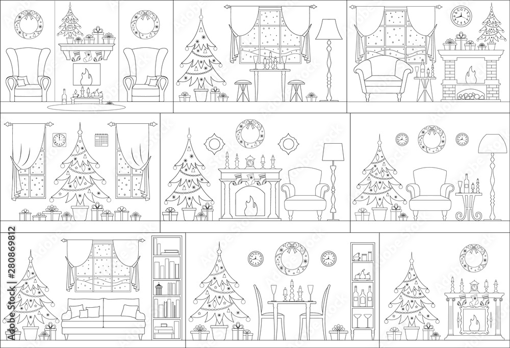 Set of Christmas interiors in outline style. Vector rooms with the decor for the new year. A series of Christmas and New Year linear greeting cards. Black white minimalistic posters.