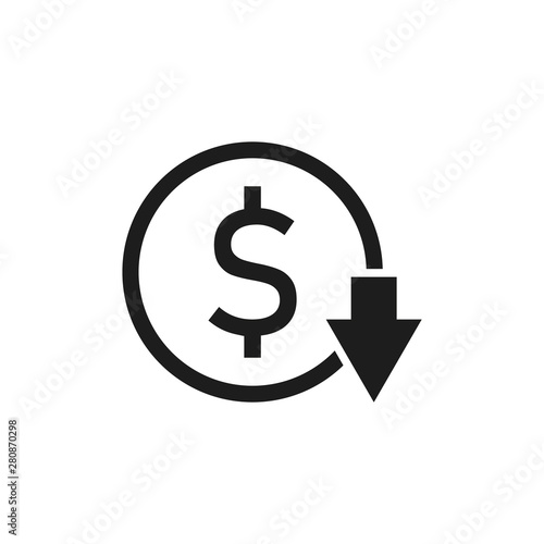 Dollar down icon. Cost reduction icon. Vector. Isolated.