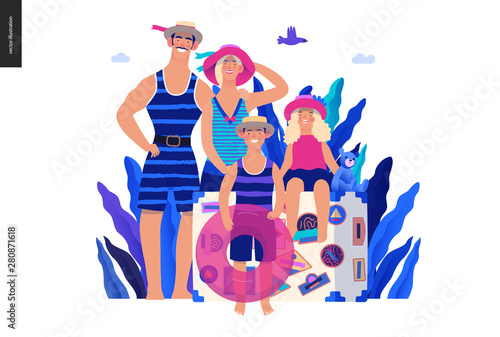 Travel insurance -medical insurance illustration -modern flat vector concept digital illustration - young family with two kids, big suitcase and swimming circle wearing vintage swimsuits at the beach