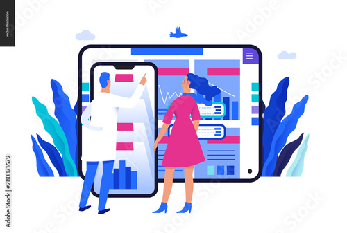 Medical reports application -medical insurance illustration -modern flat vector concept digital illustration -patient and a doctor using the medical application with reports and test results, metaphor