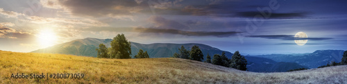 beautiful panoramic landscape in august. row of beech trees on the meadow in weathered grass. mountain range in the distance with sun and moon on the sky. day and night time change concept