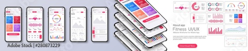 Different UI, UX, GUI screens fitness app and flat web icons for mobile apps, responsive website including. Web design and mobile template. White trends design. Fitness Dashboard - stock vector