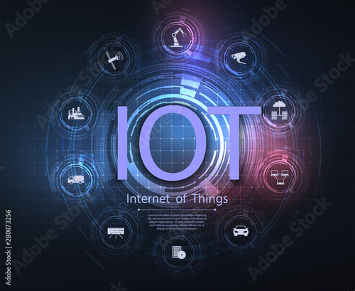 Internet of things (IoT) and networking concept for connected devices. Spider web of network connections with on a futuristic blue background. Wireless connections of information technology. Vector