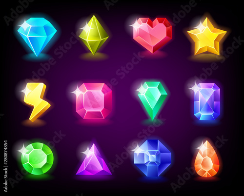 Jewelry gems set magic stone with sparkles for mobile game design. Vector illustration.