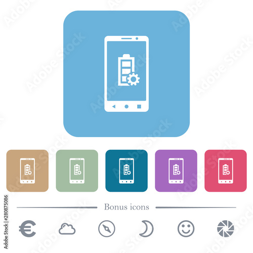 Mobile battery settings flat icons on color rounded square backgrounds photo