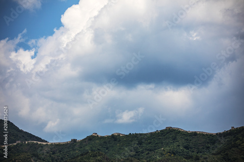 Great Wall of China in summer landscape with beautiful sky. 