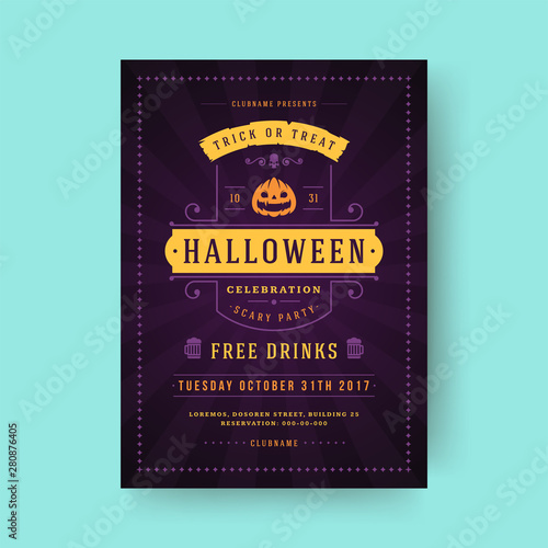 Halloween party flyer celebration night party poster design vintage typography template vector illustration and pumpkin