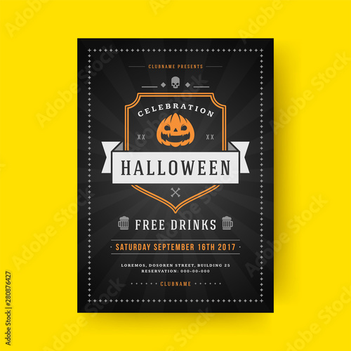 Halloween party flyer celebration night party poster design vintage typography template vector illustration and pumpkin