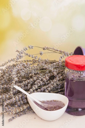 the lavender jam on wooden background with pouch  for kitchen service concept