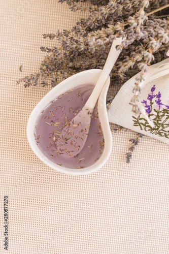 the lavender jam on wooden background with pouch  for kitchen service concept