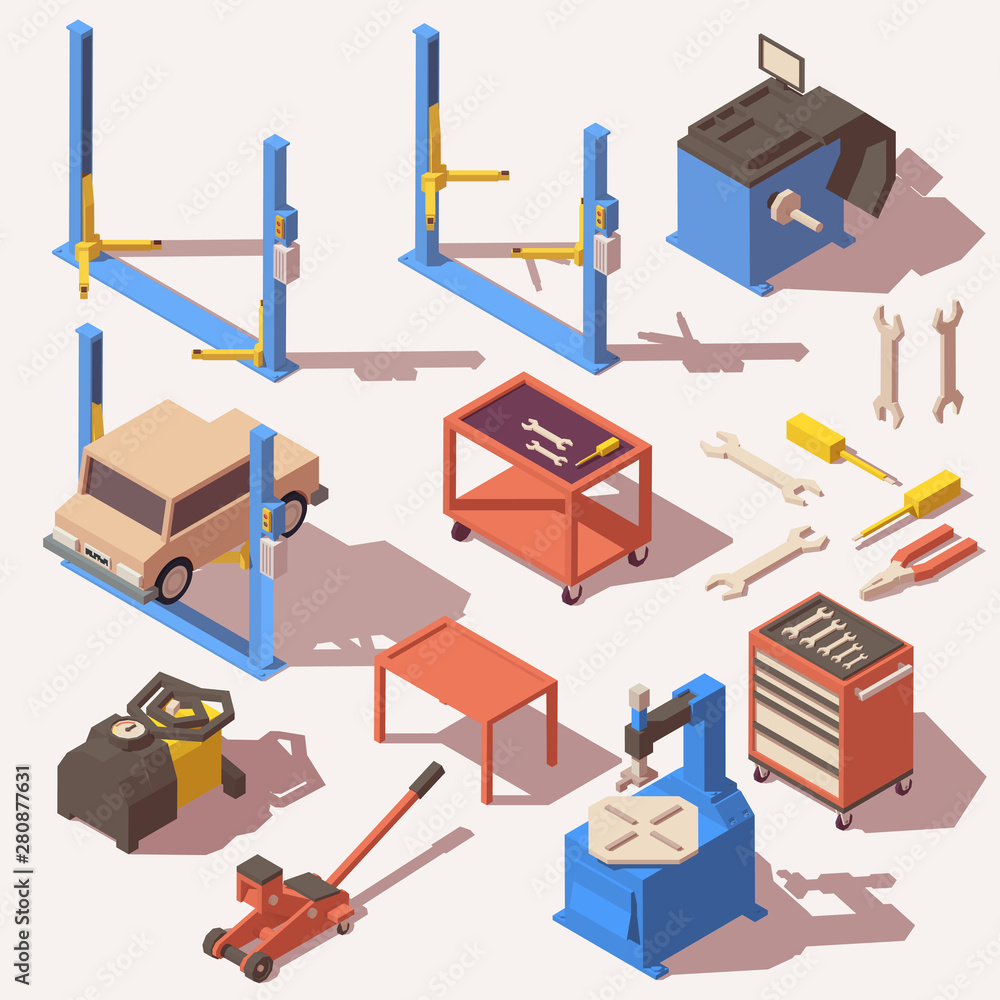 Vector isometric car service equipment and tools icons set Vector isometric car service equipment and tools icons set