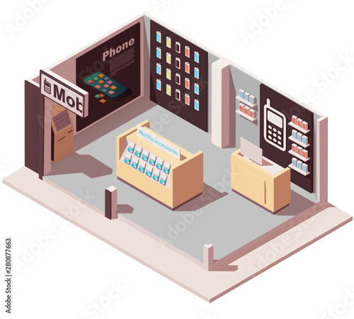 Vector isometric mobile phone store. Wireless provider or carrier sales point.