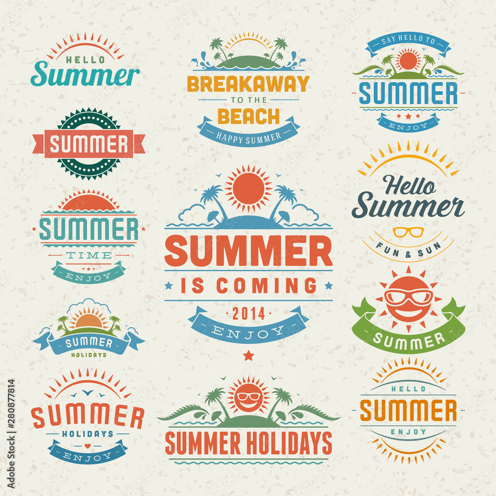 Summer design elements and symbols typographic labels and badges set vector illustration.