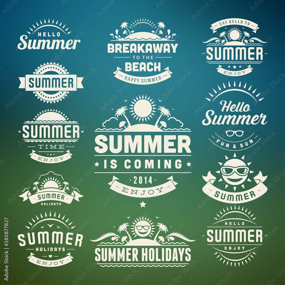 Obraz premium Summer design elements and symbols typographic labels and badges set vector illustration.
