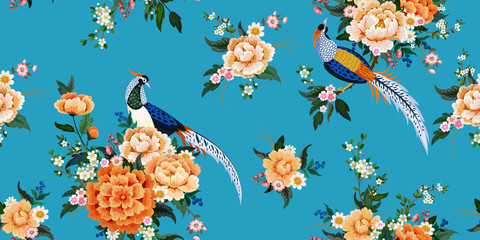 Deken met foto Japanse stijl patronen Beautiful seamless pattern with diamond pheasant sitting on peony branch with blooming sakura,plum and daisies for summer dress in Chinese style  © Maria