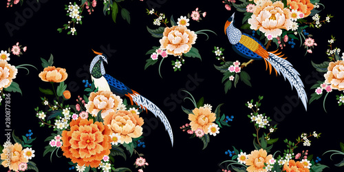 Beautiful seamless pattern with diamond pheasant sitting on peony branch with blooming sakura,plum and daisies for summer dress in Chinese style