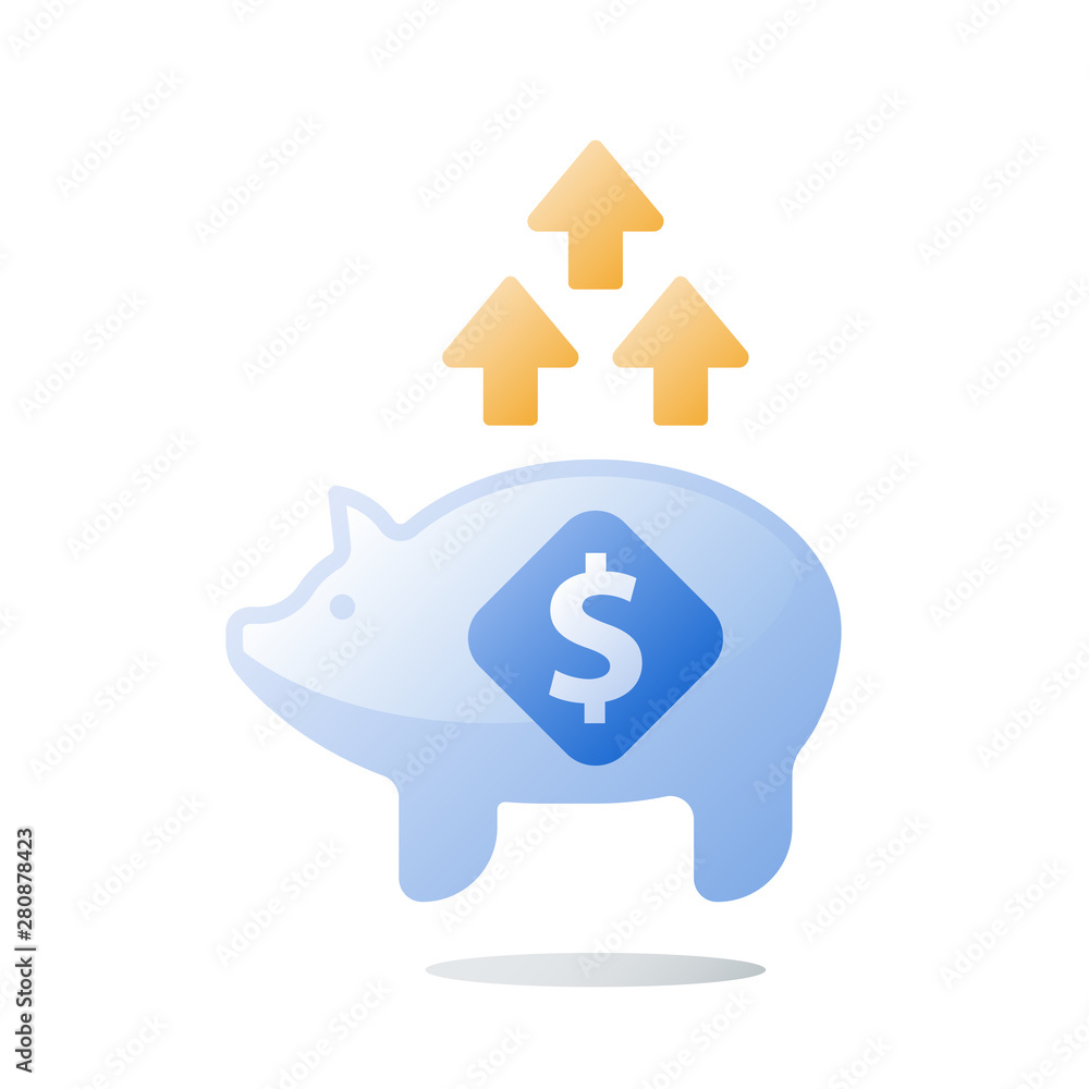 Glass piggy bank, long term investment strategy, arrow of growth, value increase, pension savings, more money Glass piggy bank, long term investment strategy, arrow of growth, value increase, pension savings, more money