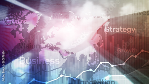 Business abstract background double exposure graph, chart and diagram. World wide map and. Global business and financial trading concept. © Funtap