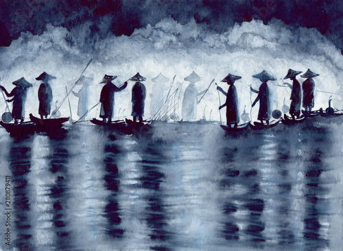 Obraz na plátně Watercolor picture of  Chinese fishermen on a  misty river at night