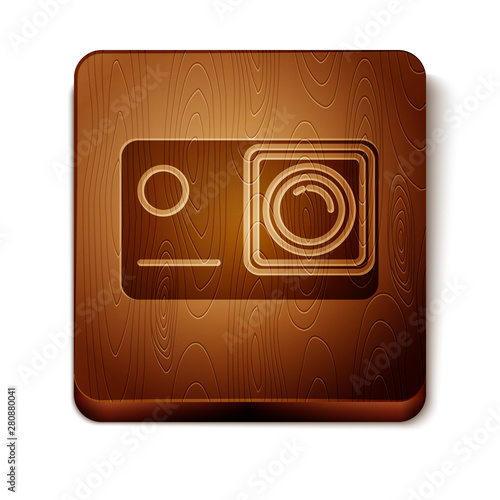 Brown Action extreme camera icon isolated on white background. Video camera equipment for filming extreme sports. Wooden square button. Vector Illustration