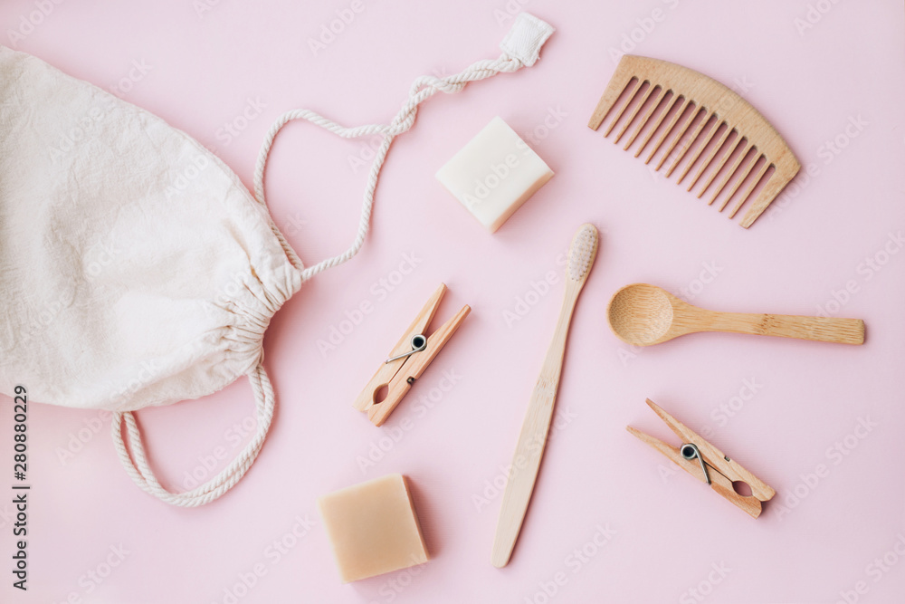 Zero waste set for bathing on light pink background. Zero waste set for bathing on light pink background.