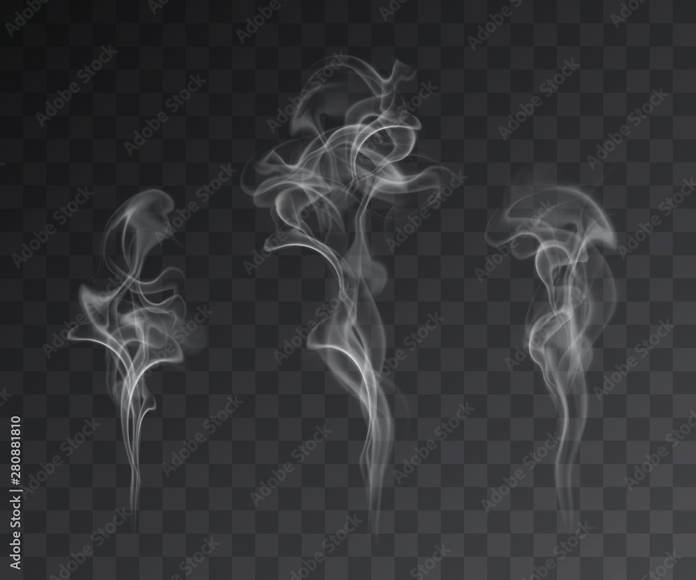 Vector set of realistic smoke effects on dark background Stock Vector