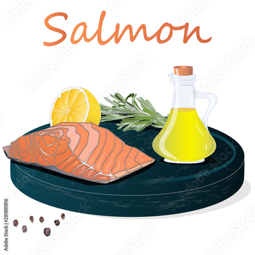 Raw salmon fillets with herbs on wooden desk. White background. Vector illustration
